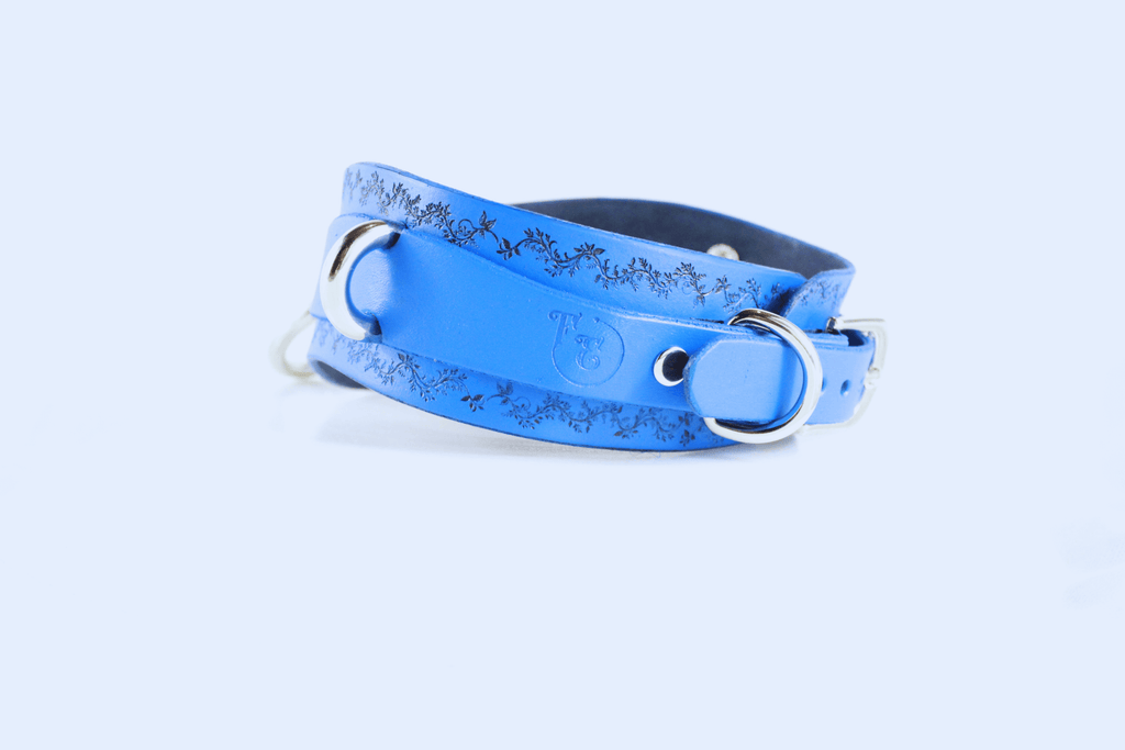 Floral Vine Posture Collar in blue leather with metallic hardware and floral motif design.