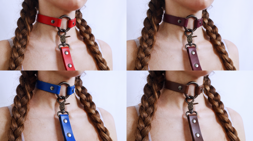 The image is a collage of four close-up photos of a person wearing a leather choker with a metal ring and a metal attachment.