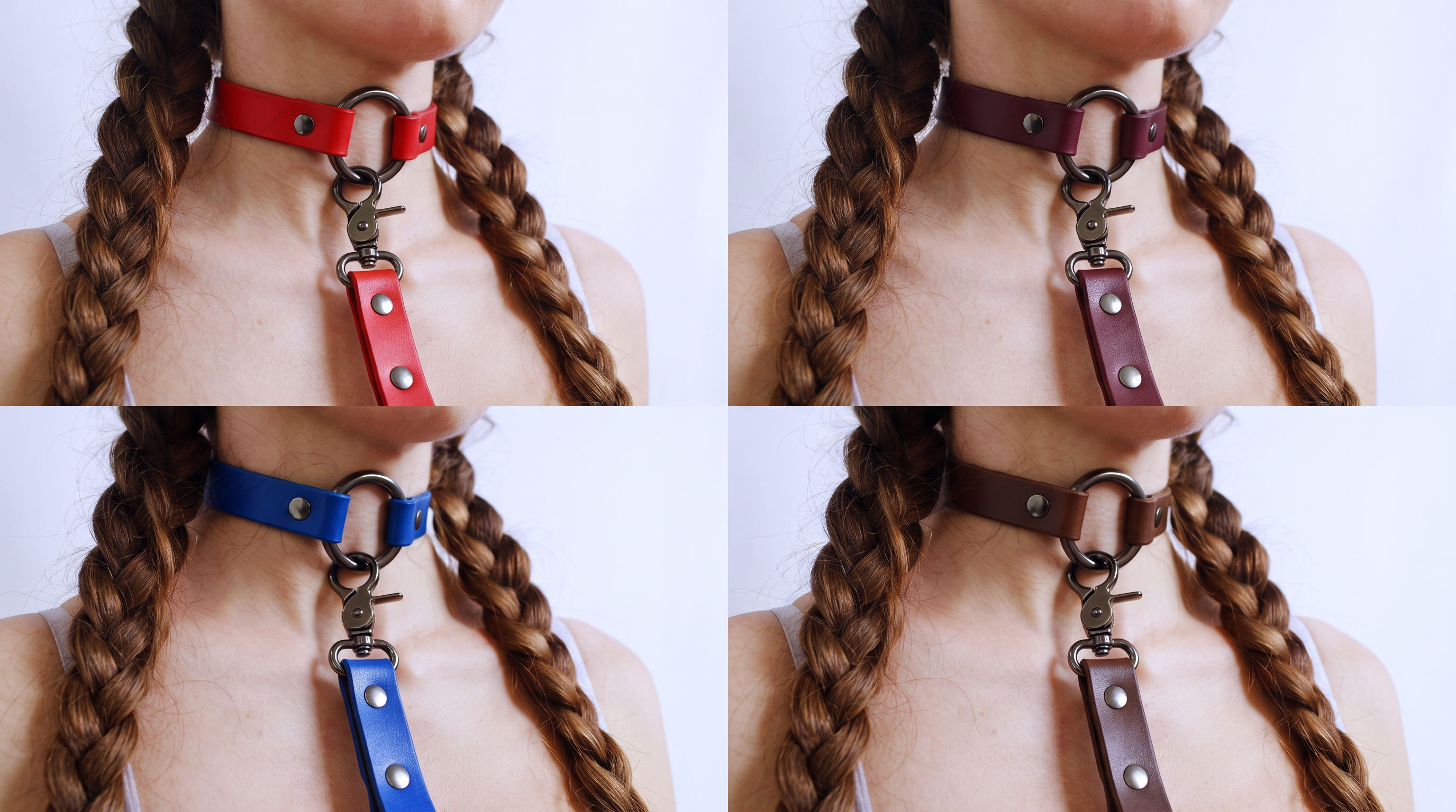 The image is a collage of four close-up photos of a person wearing a leather choker with a metal ring and a metal attachment.