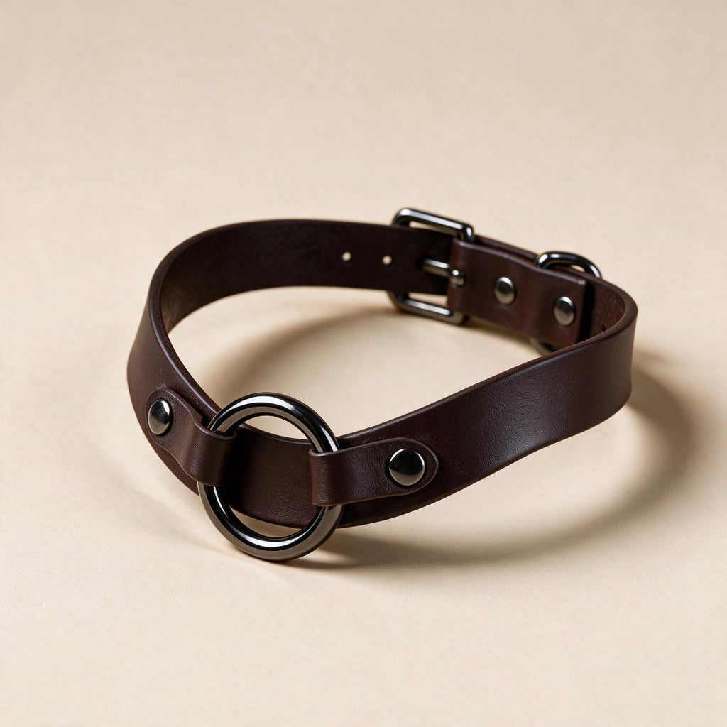 A brown leather choker collar with a metal ring and buckle.