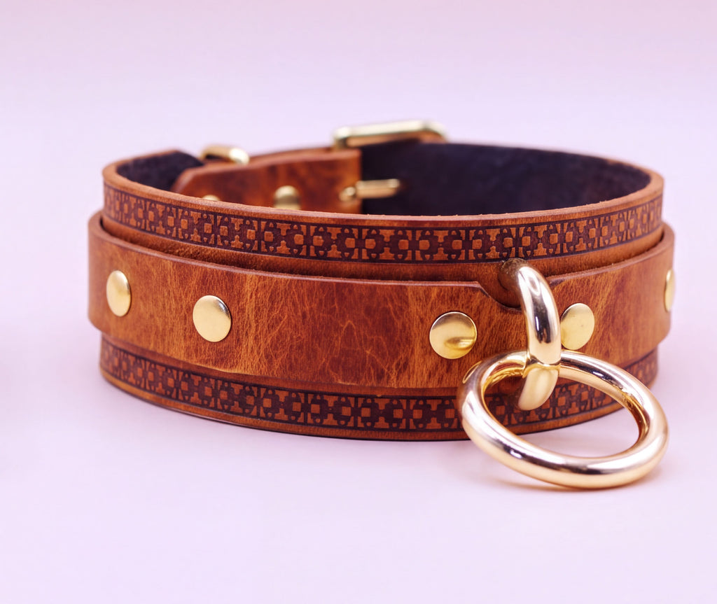 A brown leather choker collar with gold studs and a gold ring on the front, displayed on a pink background.