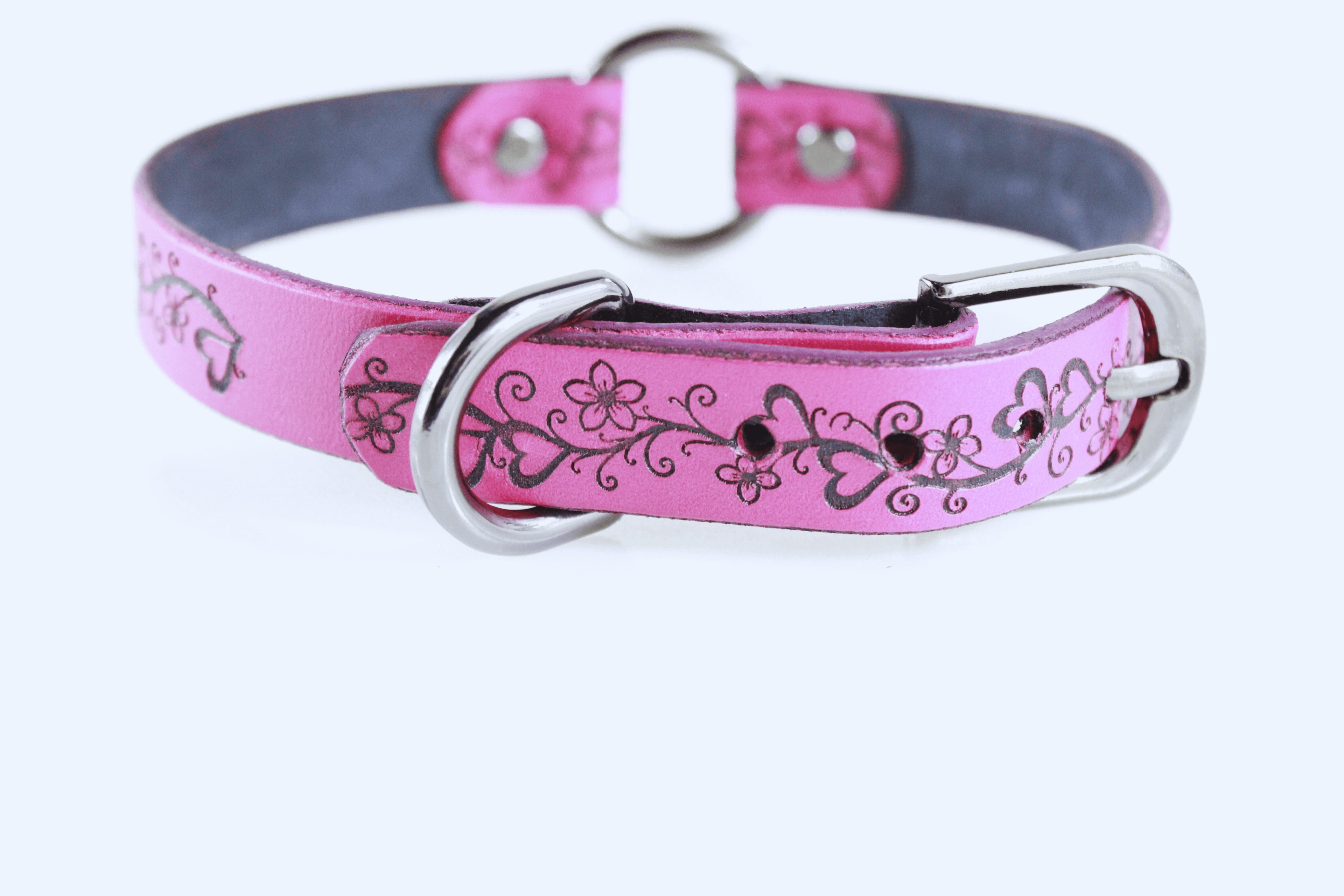 Heart Collar BDSM Pink Floral Vine Leather Choker with elegant floral design and heart motifs, perfect for romantic wear.