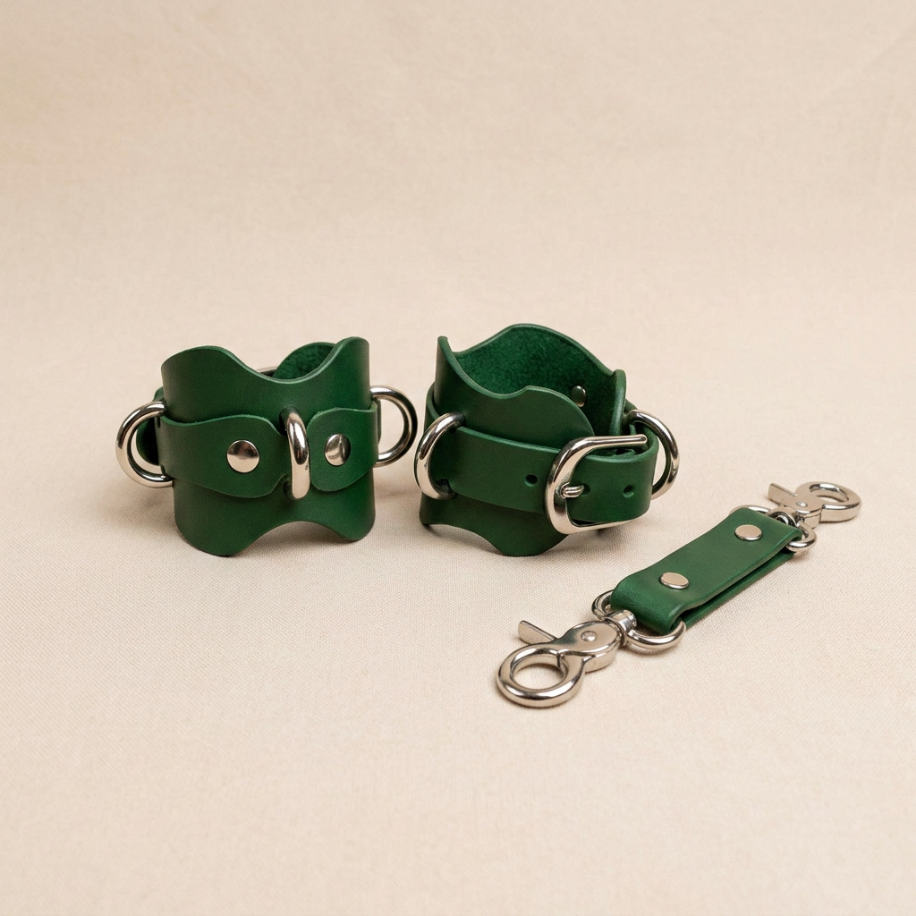 a pair of green leather cuffs with metal hardware, including buckles and clasps, arranged on a light-colored surface.