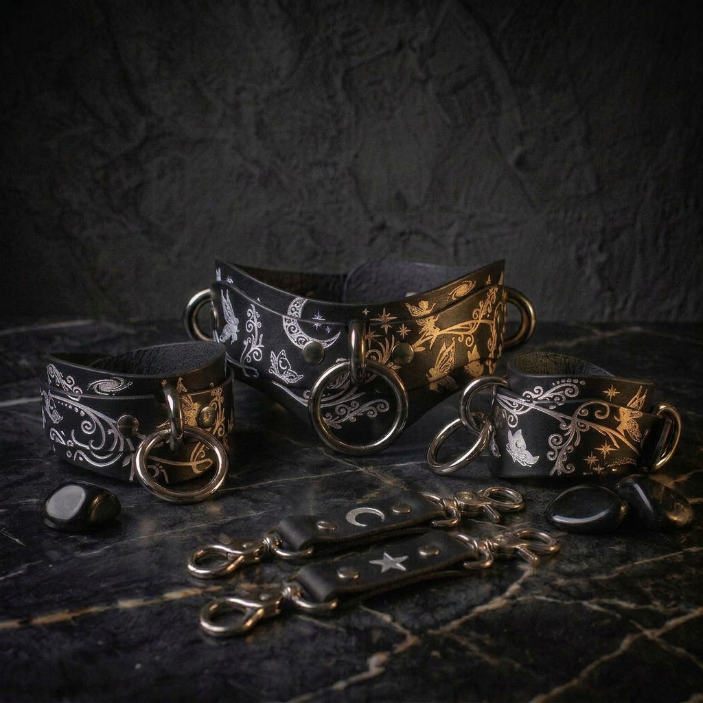 a collection of leather straps and buckles, including a pair of black straps with silver rings and a pair of black straps with silver buckles, all displayed on a dark surface.
