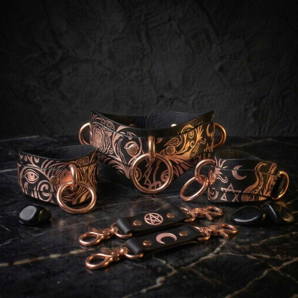 a collection of ornate leather accessories, including collars, cuffs, and straps, with intricate designs and metallic accents.