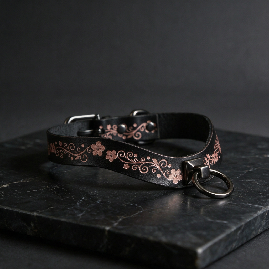 A black leather collar with a floral pattern and a metal ring on it, resting on a dark surface.