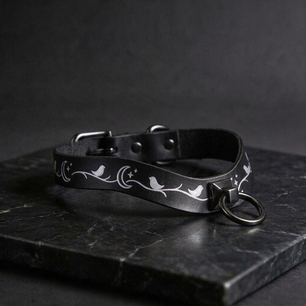 A black leather collar with a silver metal ring and a white bird design on it, resting on a dark surface.
