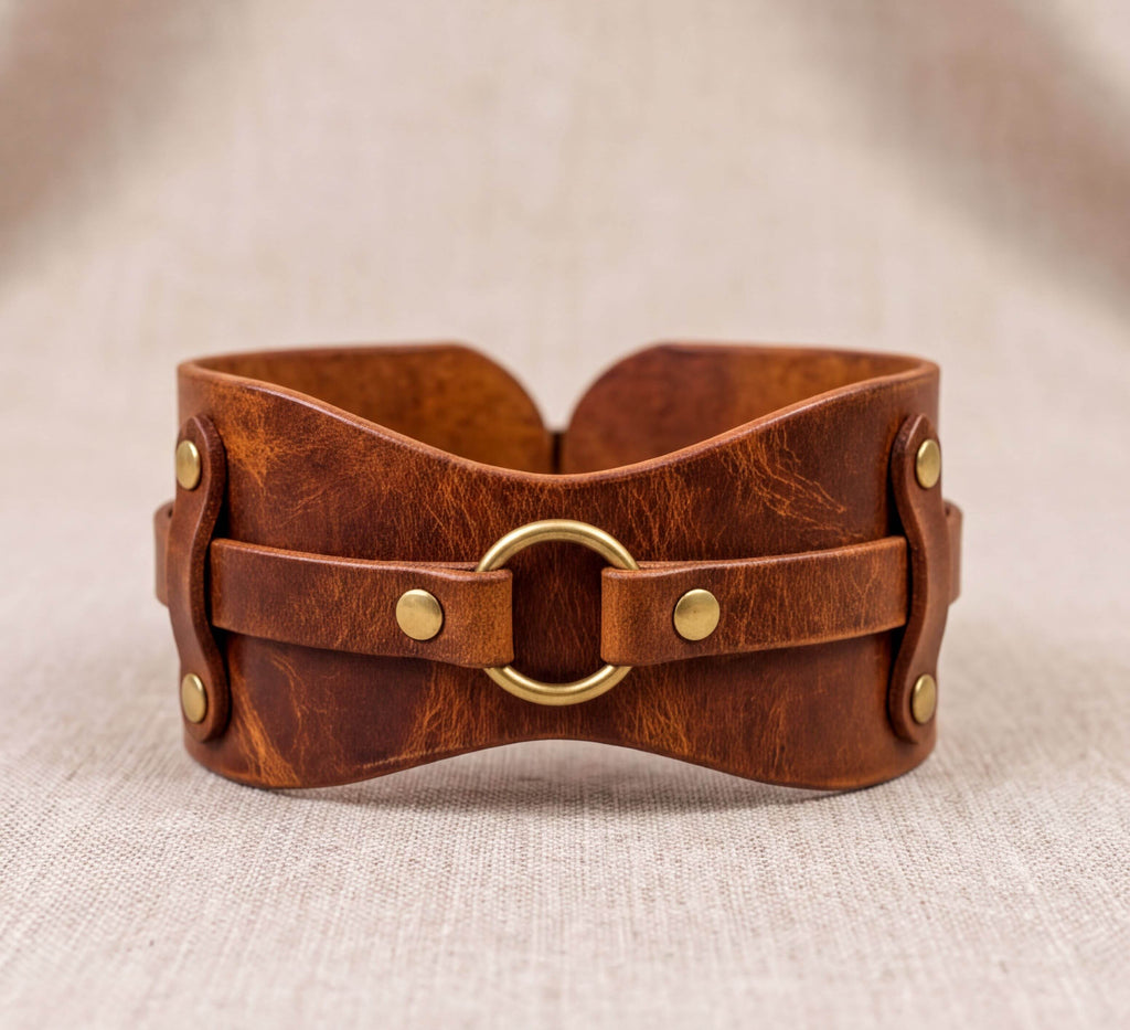 A brown leather corset with brass hardware, including a circular buckle and two metal studs, is displayed on a beige fabric background.