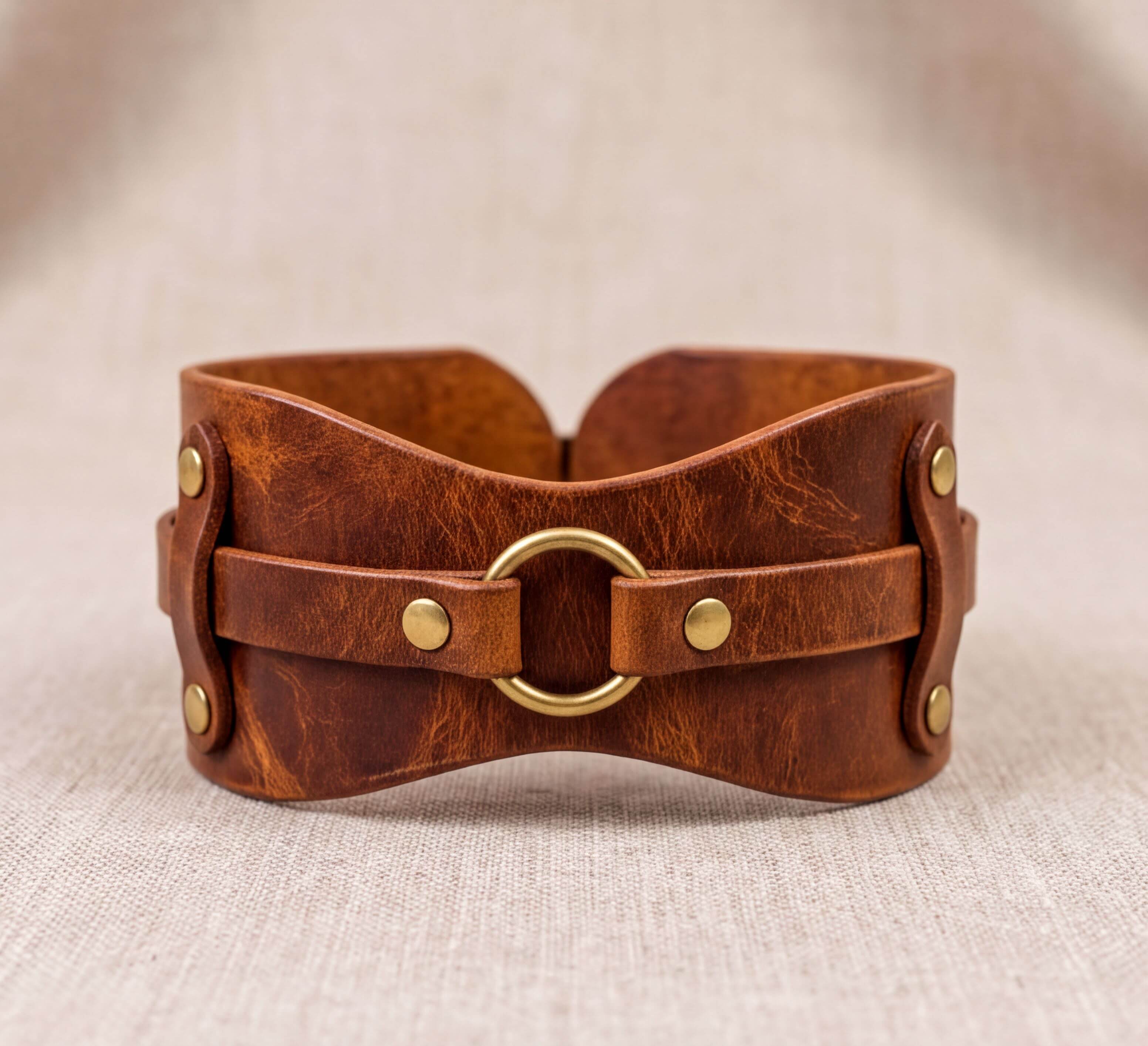 A brown leather corset with brass hardware, including a circular buckle and two metal studs, is displayed on a beige fabric background.