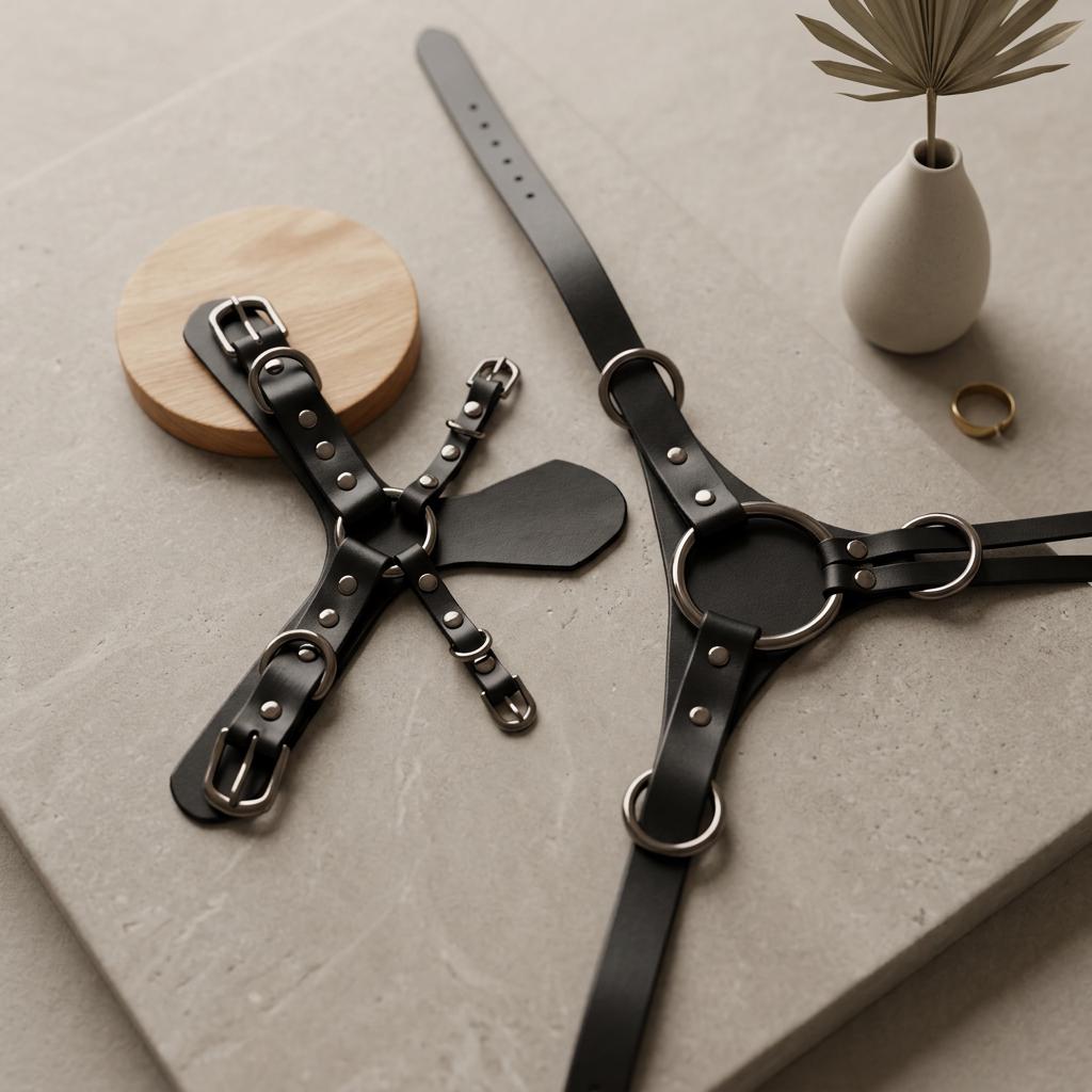 a collection of leather straps and a vase with a plant, arranged on a gray surface.