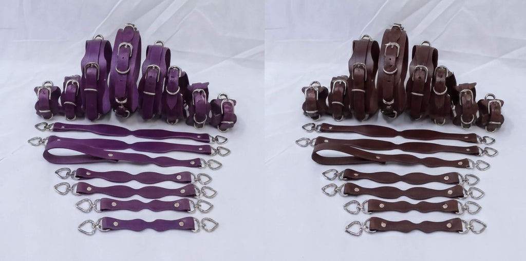 a collection of leather straps and buckles in two different colors: purple and brown. The purple straps are arranged in rows, while the brown straps are arranged in a zigzag pattern.