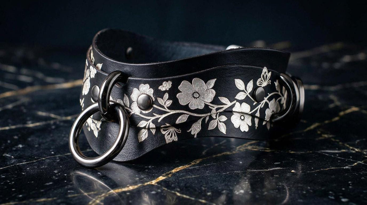 A black leather choker necklace with a floral pattern and metal rings on the ends, resting on a dark marble surface.