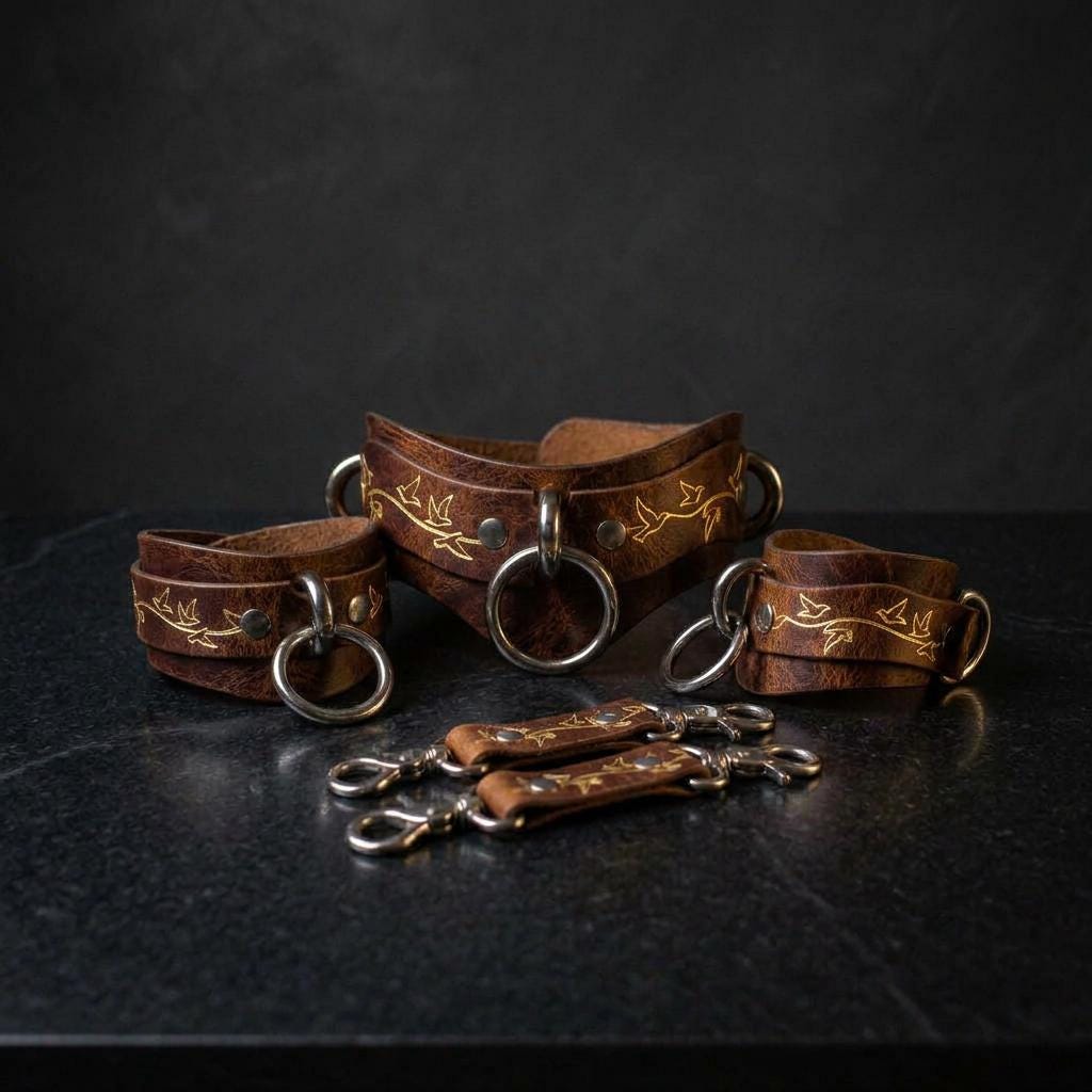 A set of brown leather straps with metal rings and buckles, arranged on a dark surface.