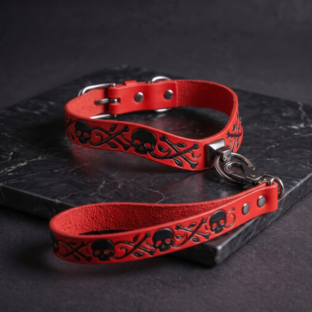 A red leather dog collar with a black skull design and a matching leash attached to it, resting on a black surface.