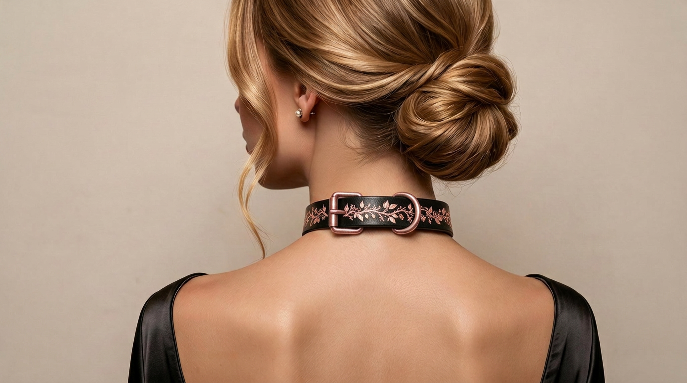 A woman with her hair styled in a bun, wearing a black dress with a floral pattern on the collar.