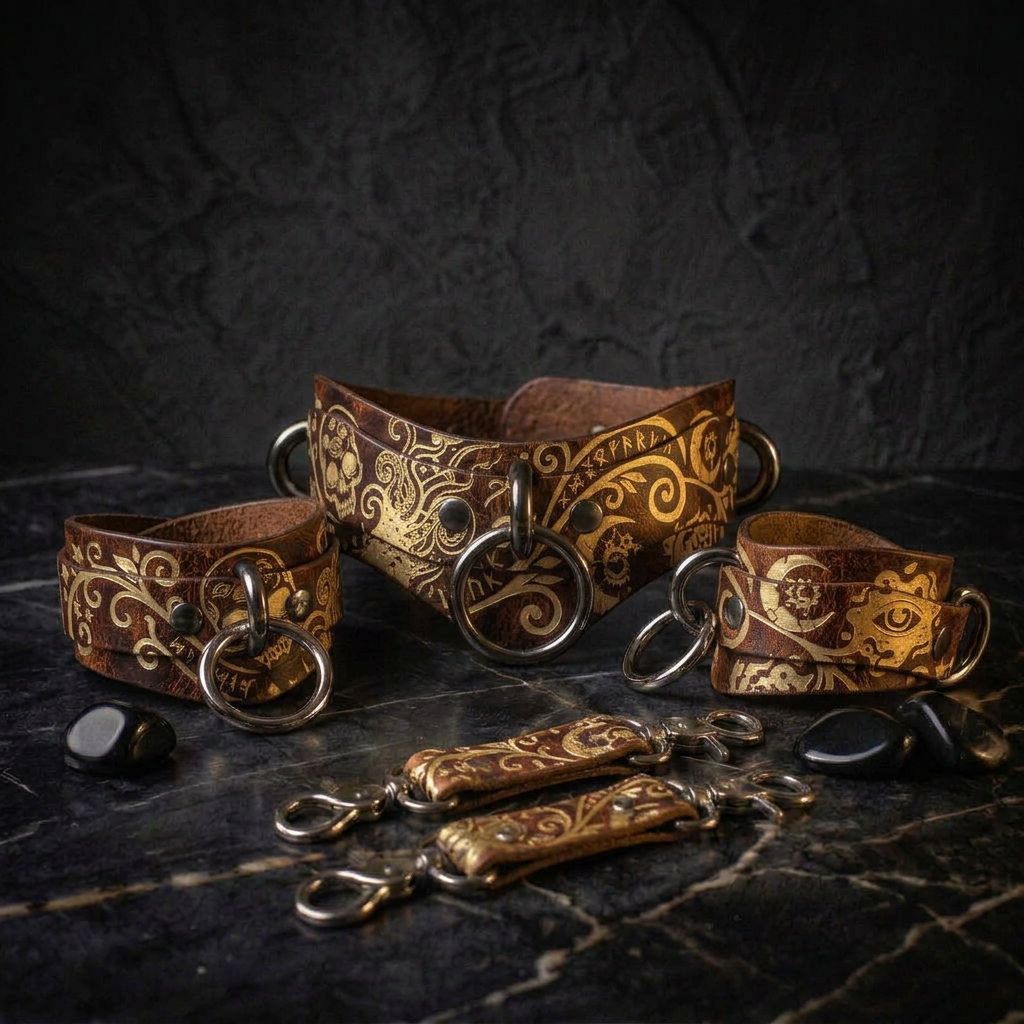 a collection of ornate leather straps and charms, including a large leather strap with a metal clasp and several smaller leather straps with metal clasps, all set against a dark background.