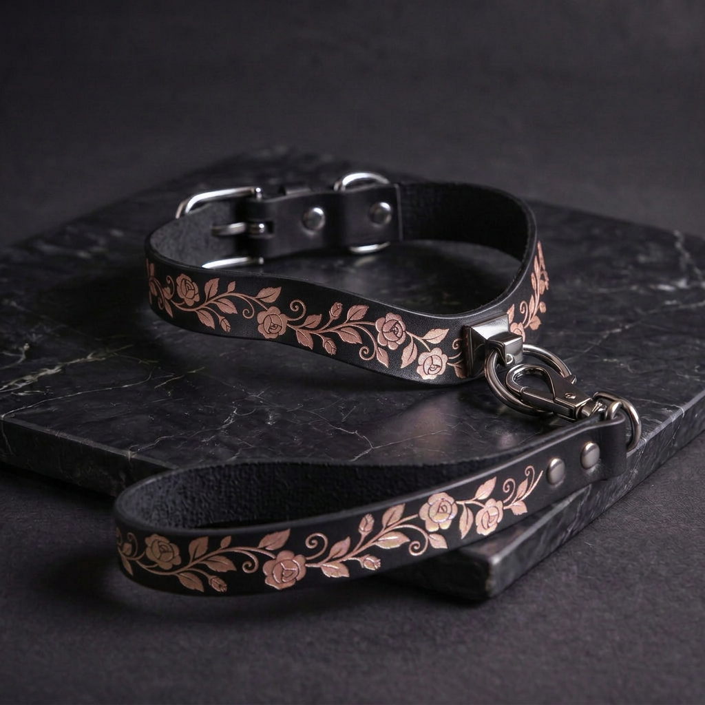 A black leather collar with a floral pattern and a matching leash attached to it, resting on a dark surface.