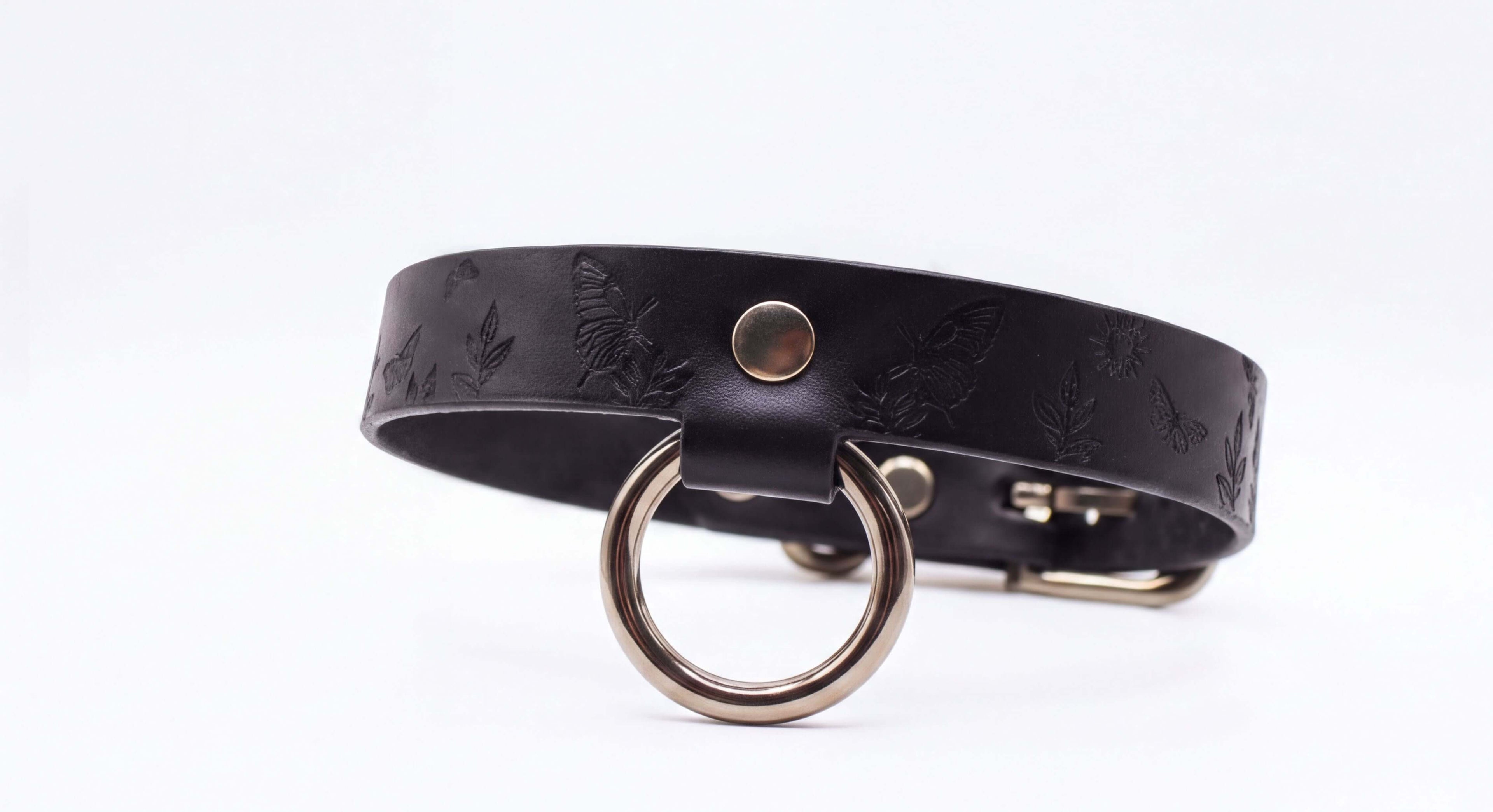 A black leather collar with a metal ring and buckle.