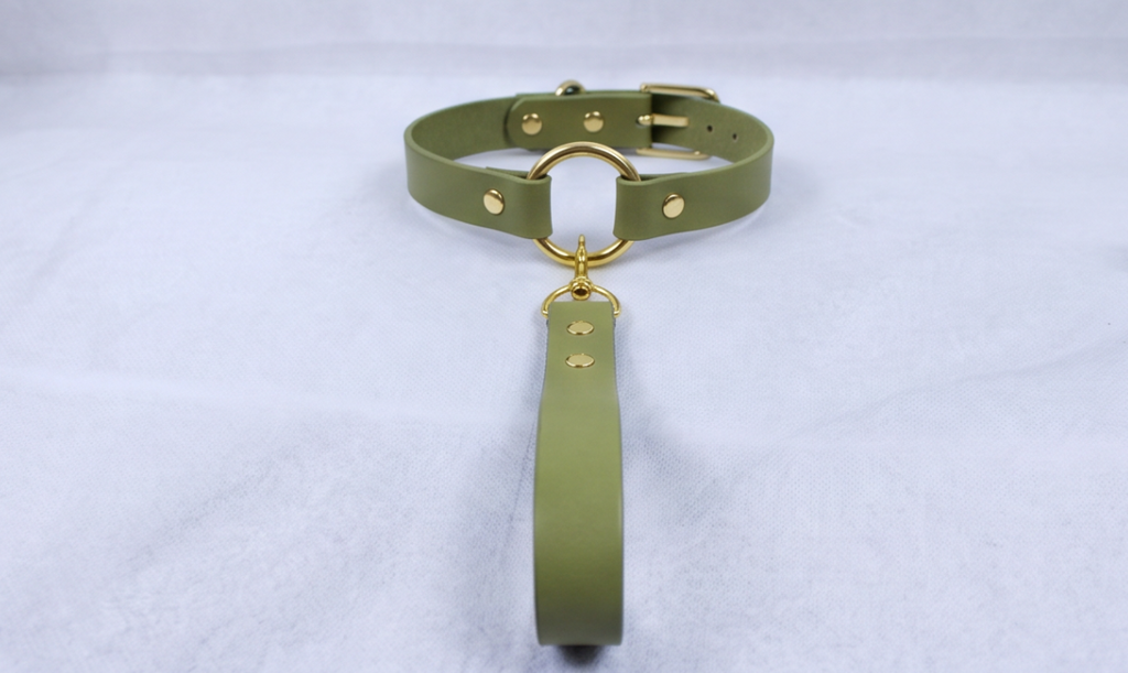 A green choker collar with a gold-colored metal ring and buckle is displayed on a white surface.