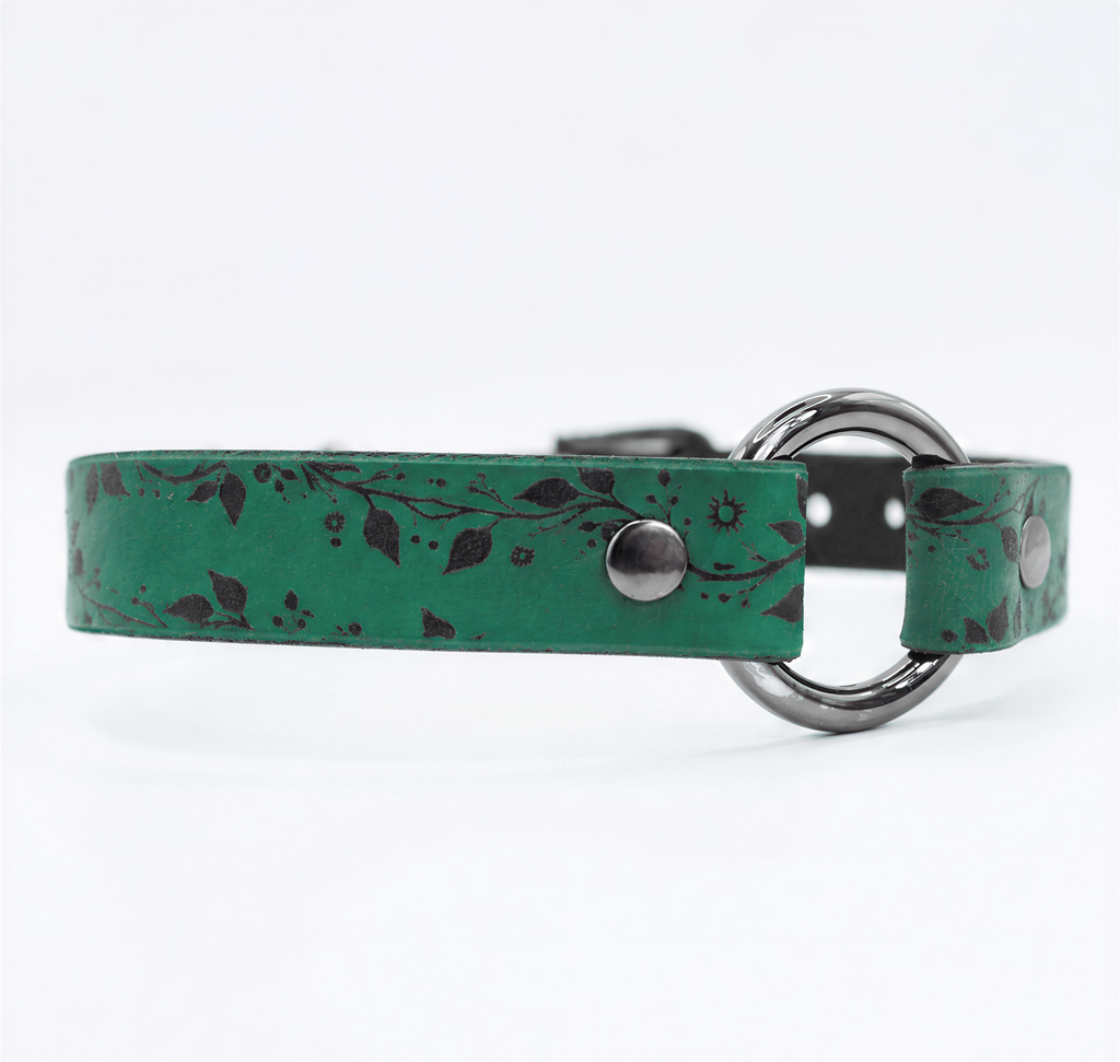 A green leather collar with a metal ring and a leaf pattern design.