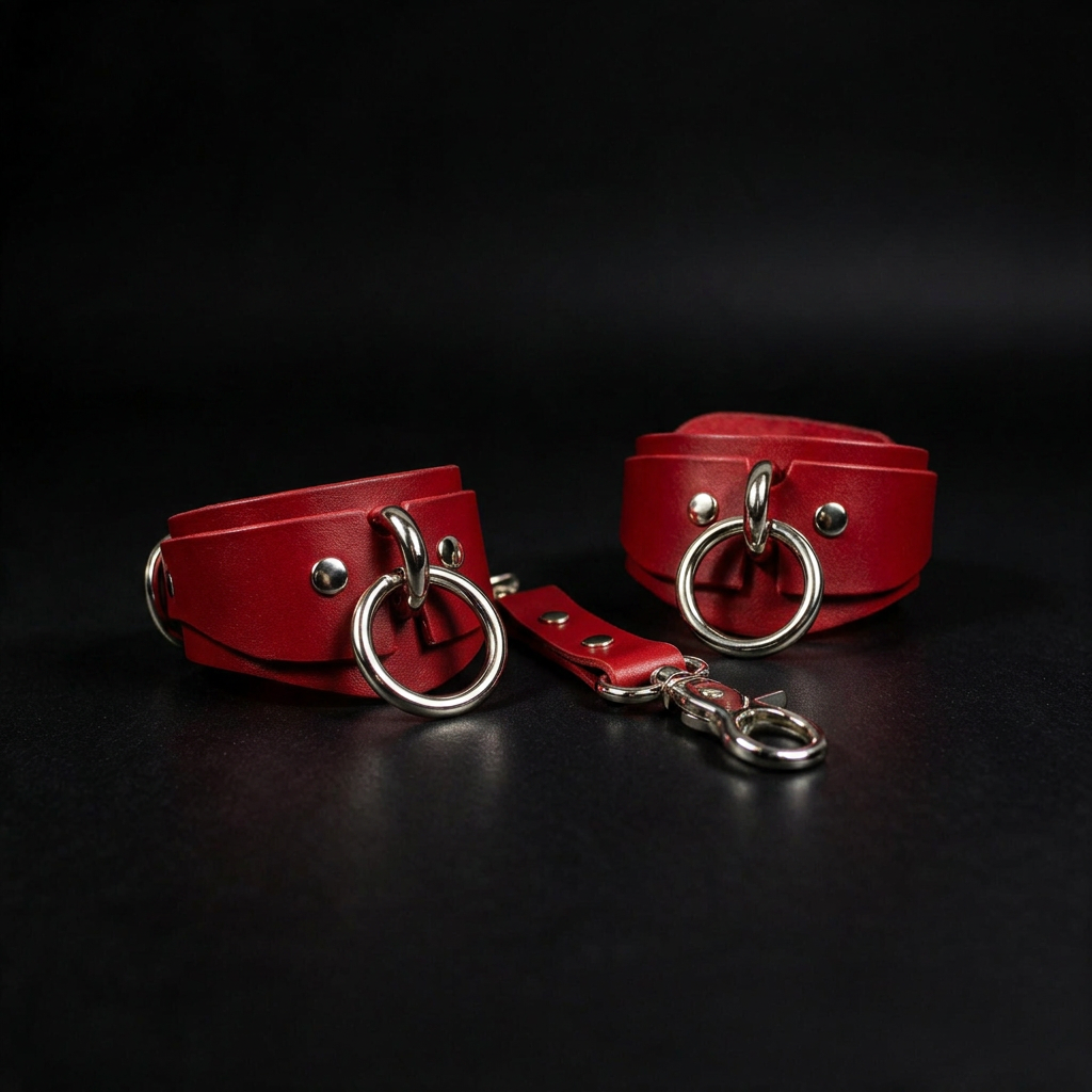 A pair of red leather restraints with metal rings and buckles, arranged on a black background.