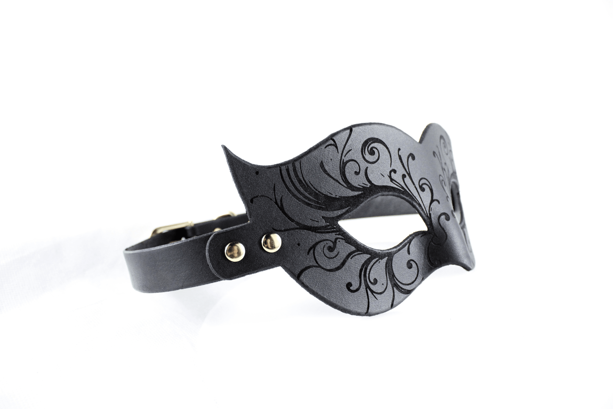 Elegant Leather Bondage Mask featuring Venetian style with intricate black floral engravings