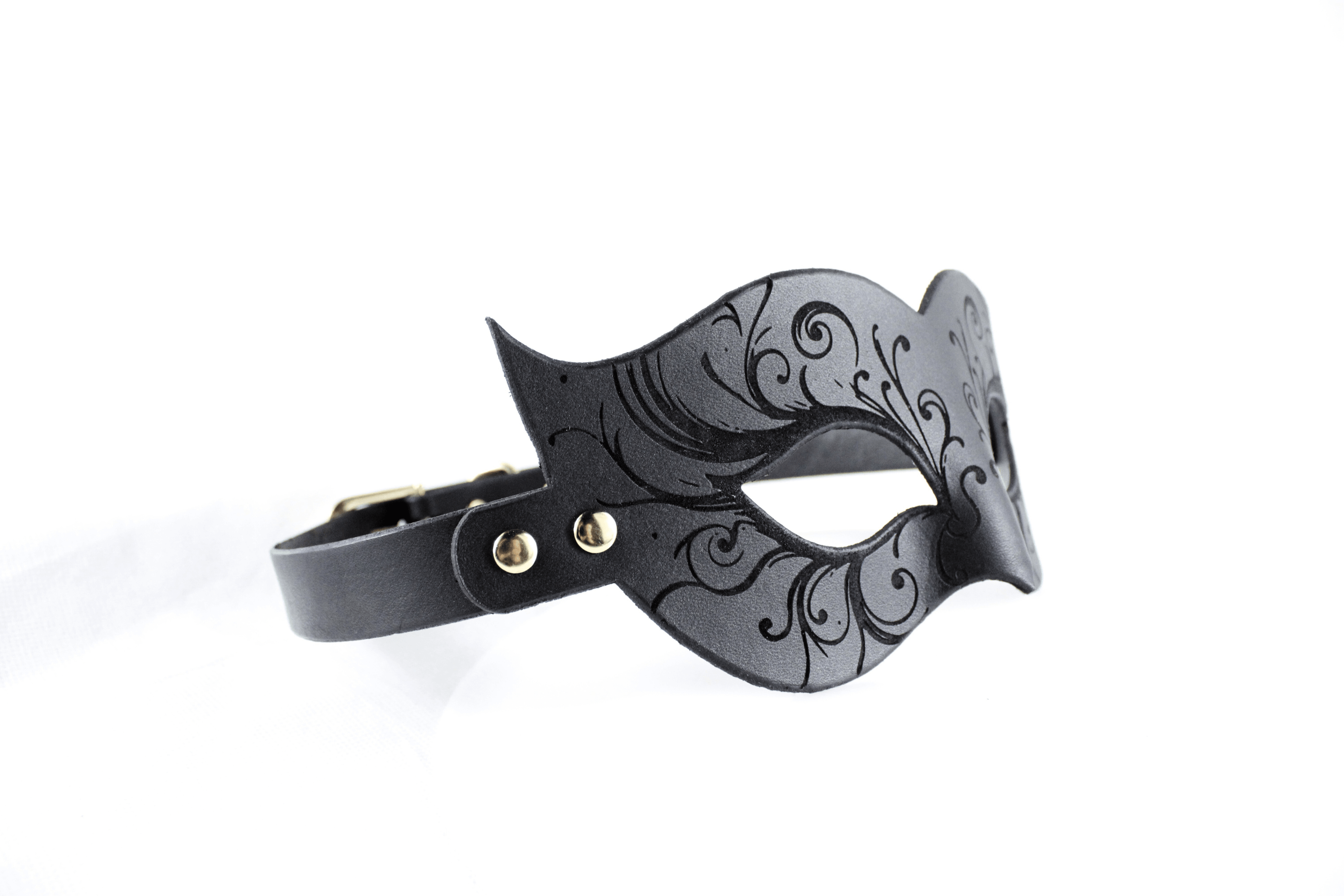 Elegant Leather Bondage Mask featuring Venetian style with intricate black floral engravings