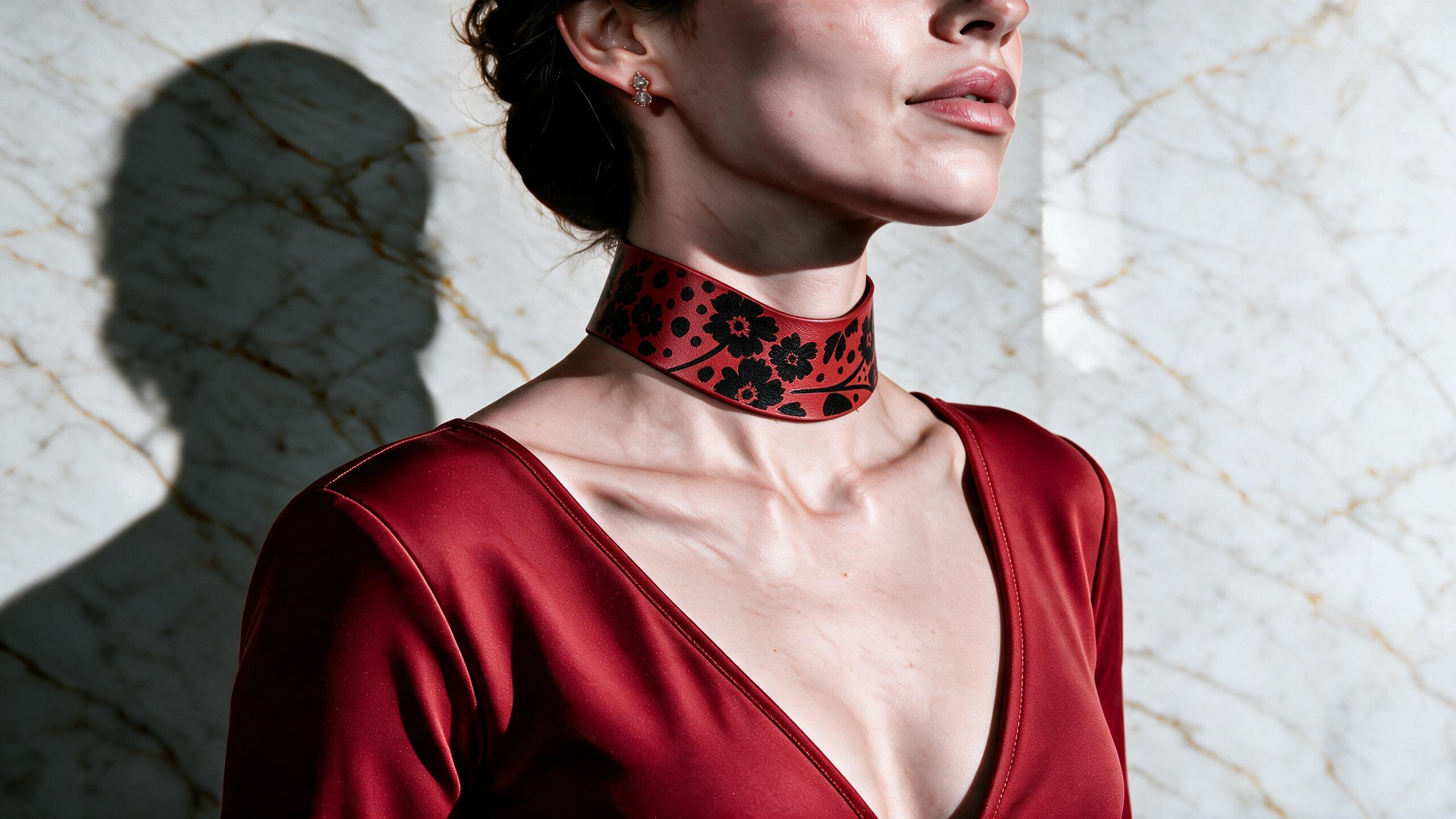 A woman wearing a red dress with a floral pattern and a choker necklace stands against a marble wall.