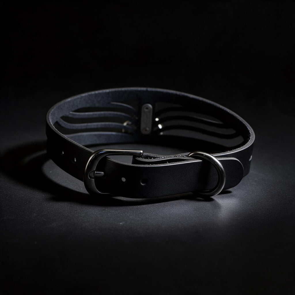 A black leather choker necklace with a metal buckle and a dark background.