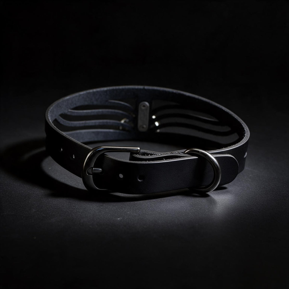 A black leather choker necklace with a metal buckle and a dark background.
