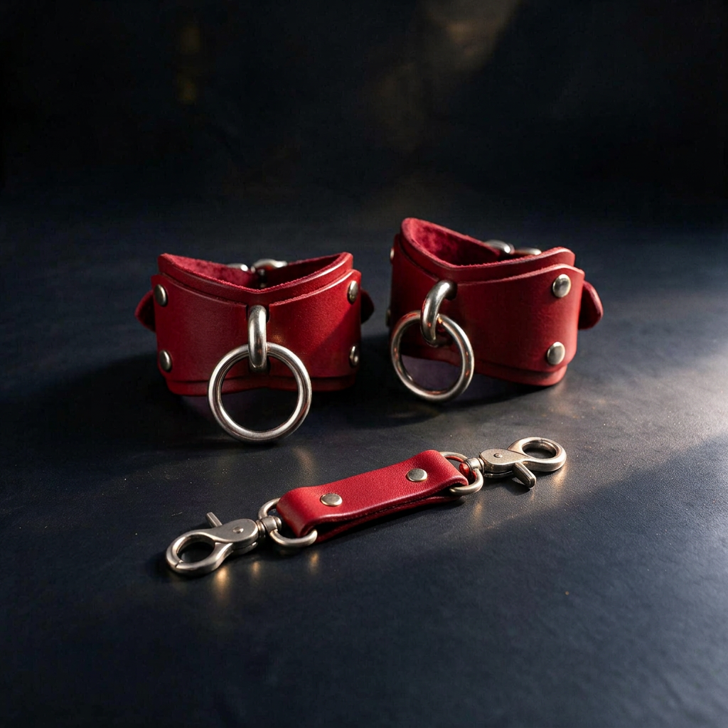 a pair of red leather restraints with metal rings and a red leather strap with metal rings, all placed on a dark surface.