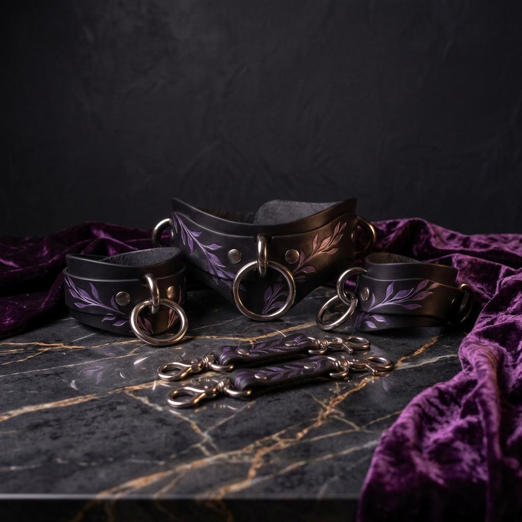 A set of leather choker necklaces with metal rings and straps, displayed on a marble surface with a purple velvet cloth.