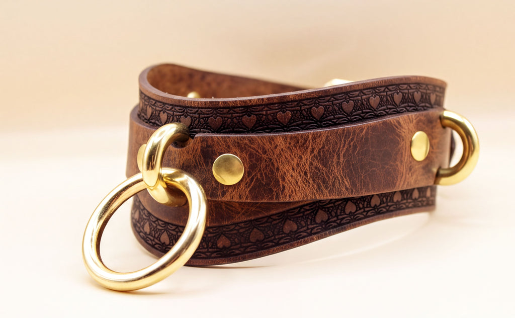 A brown leather choker necklace with a gold ring and buckle.