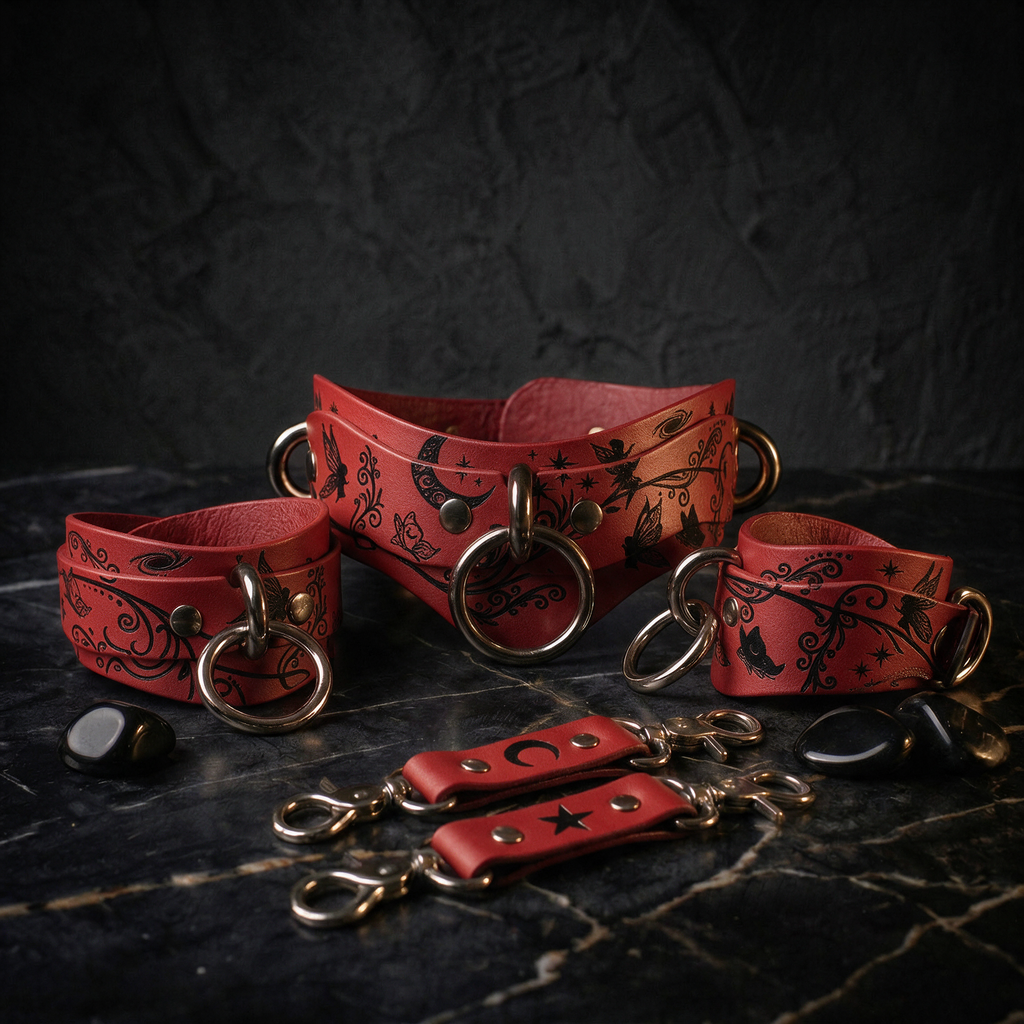 a collection of red leather straps and accessories, including a corset-style collar, leather straps, and a corset-style corset, all set against a dark background.