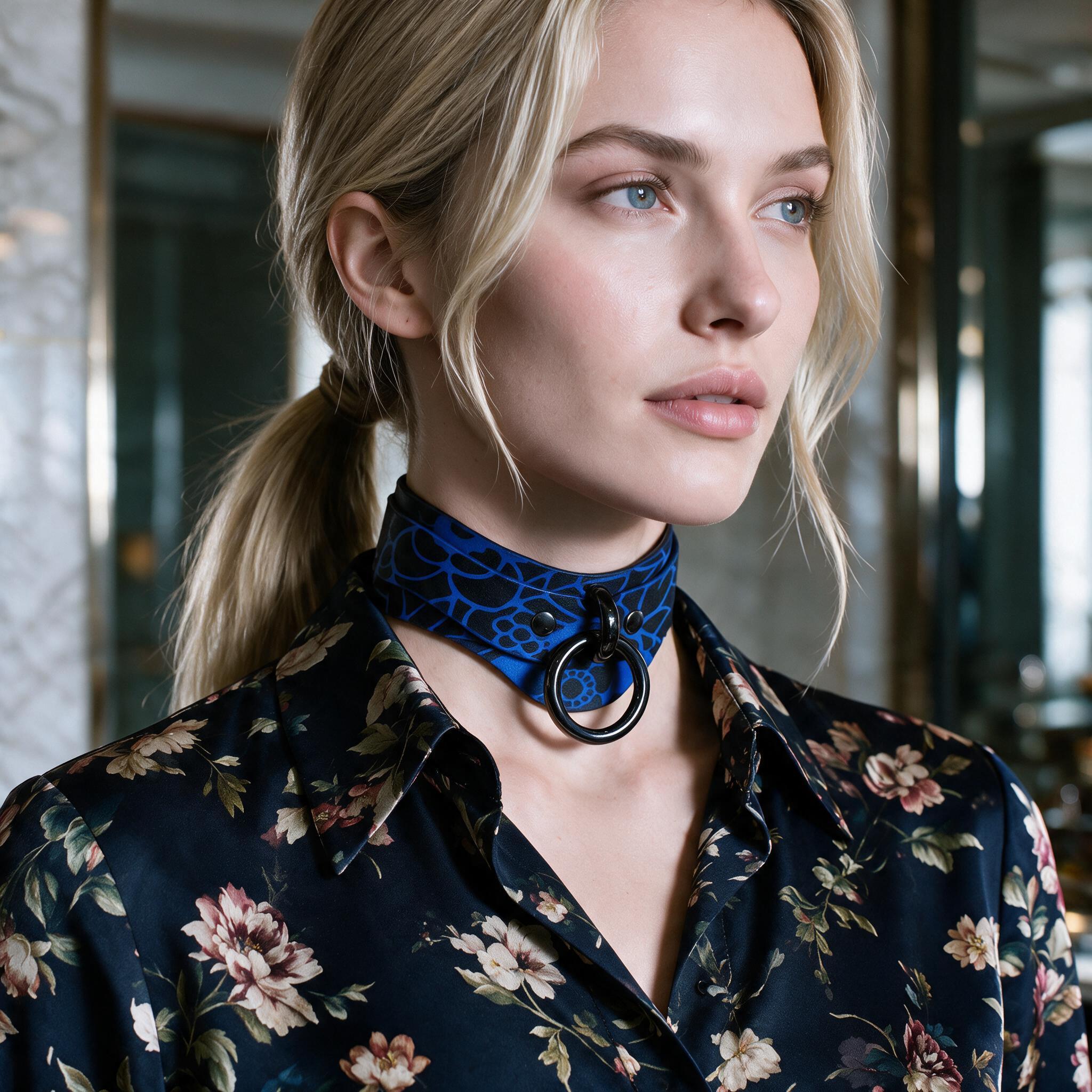 A woman with blonde hair wearing a blue choker necklace and a floral print blouse, looking off to the side.