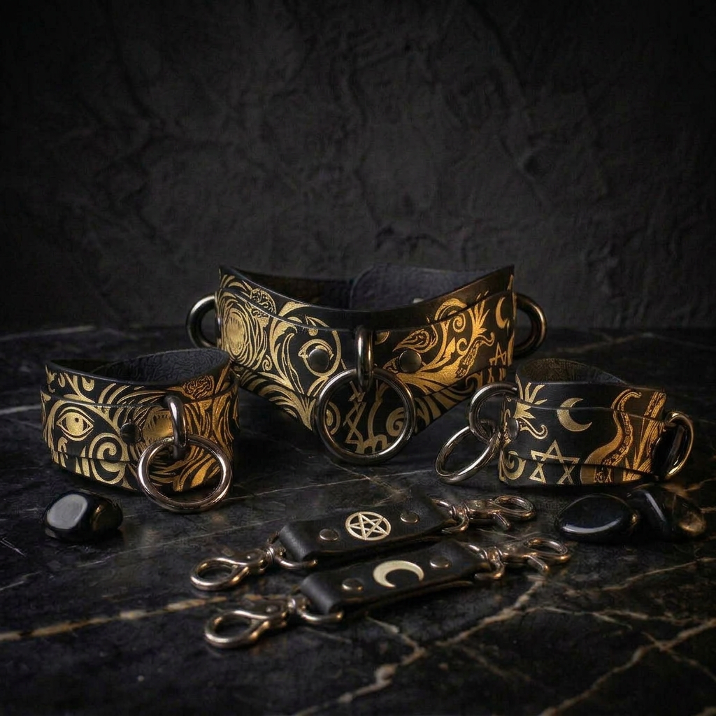 a collection of ornate leather accessories, including chaps and straps, with intricate designs and patterns.