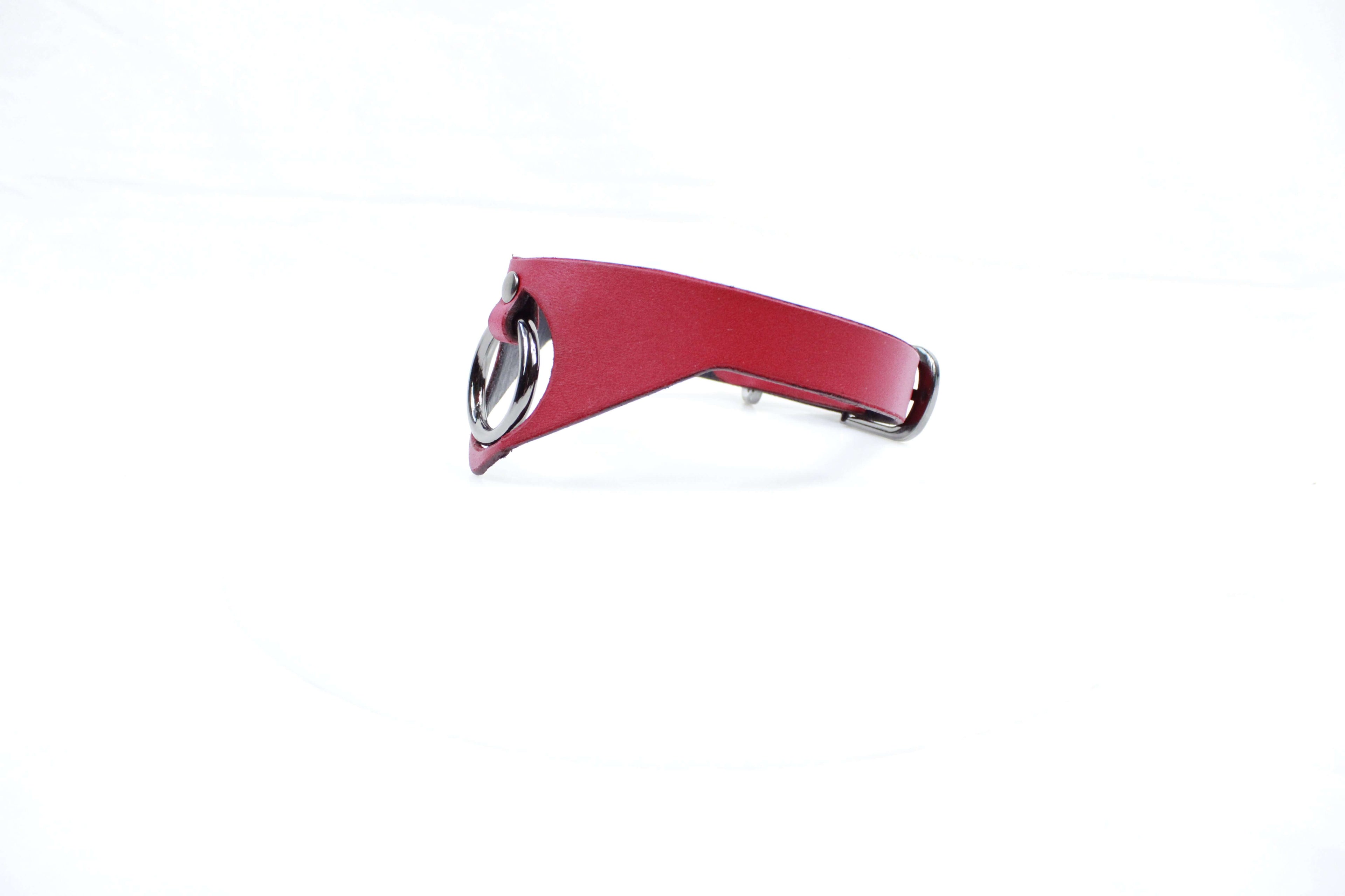 Gothic BDSM Collar with O-Ring. Red leather submissive choker for gothic style and restraint.