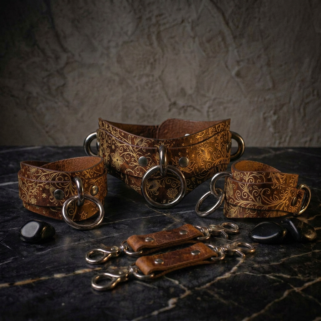a collection of ornate leather straps and buckles arranged on a dark surface, possibly a table or countertop.