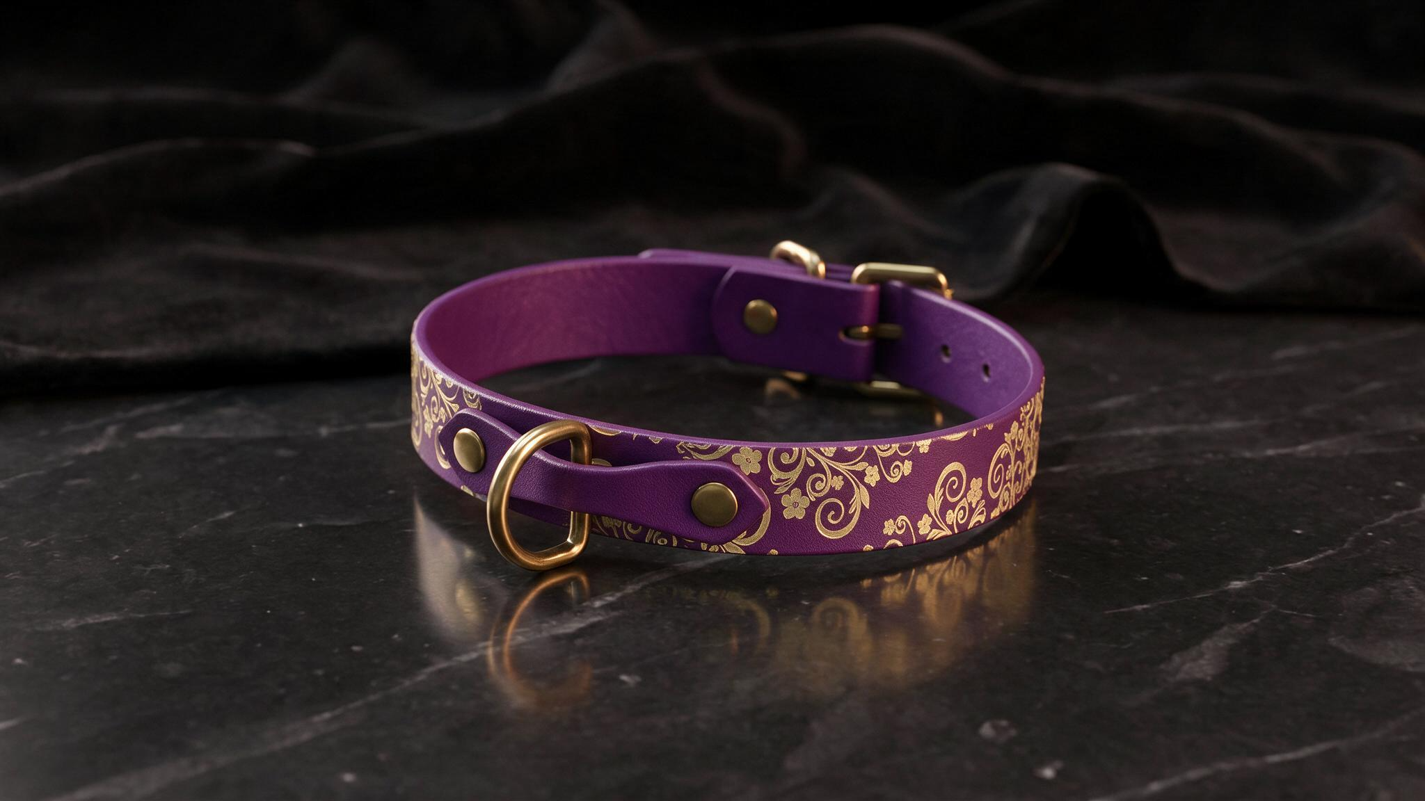 A purple leather collar with gold floral patterns and a gold-colored buckle is displayed on a black marble surface.