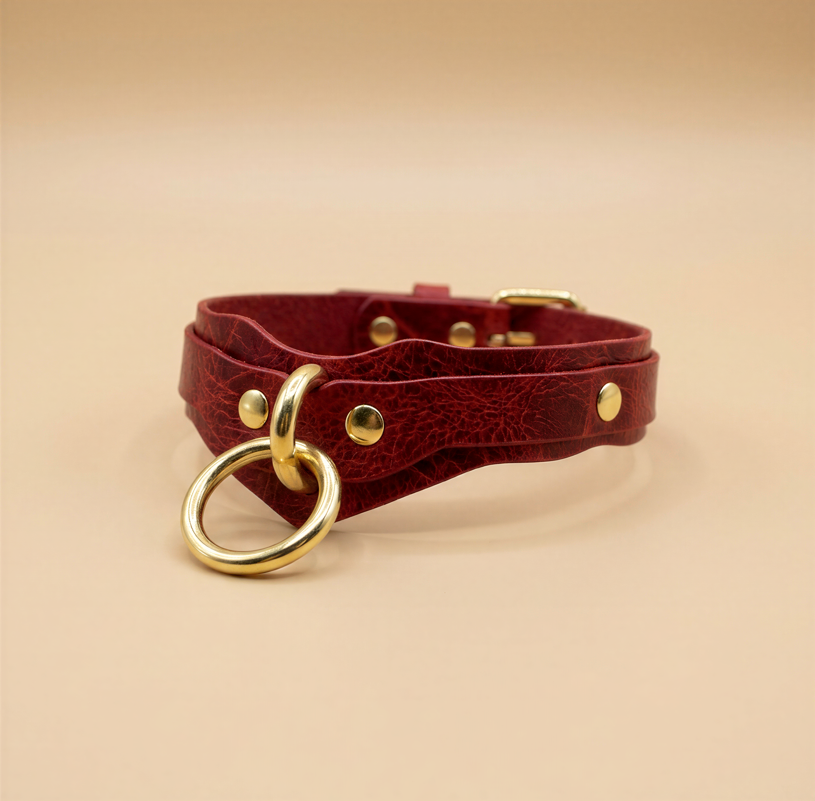 A red leather choker necklace with a gold ring and metal studs.