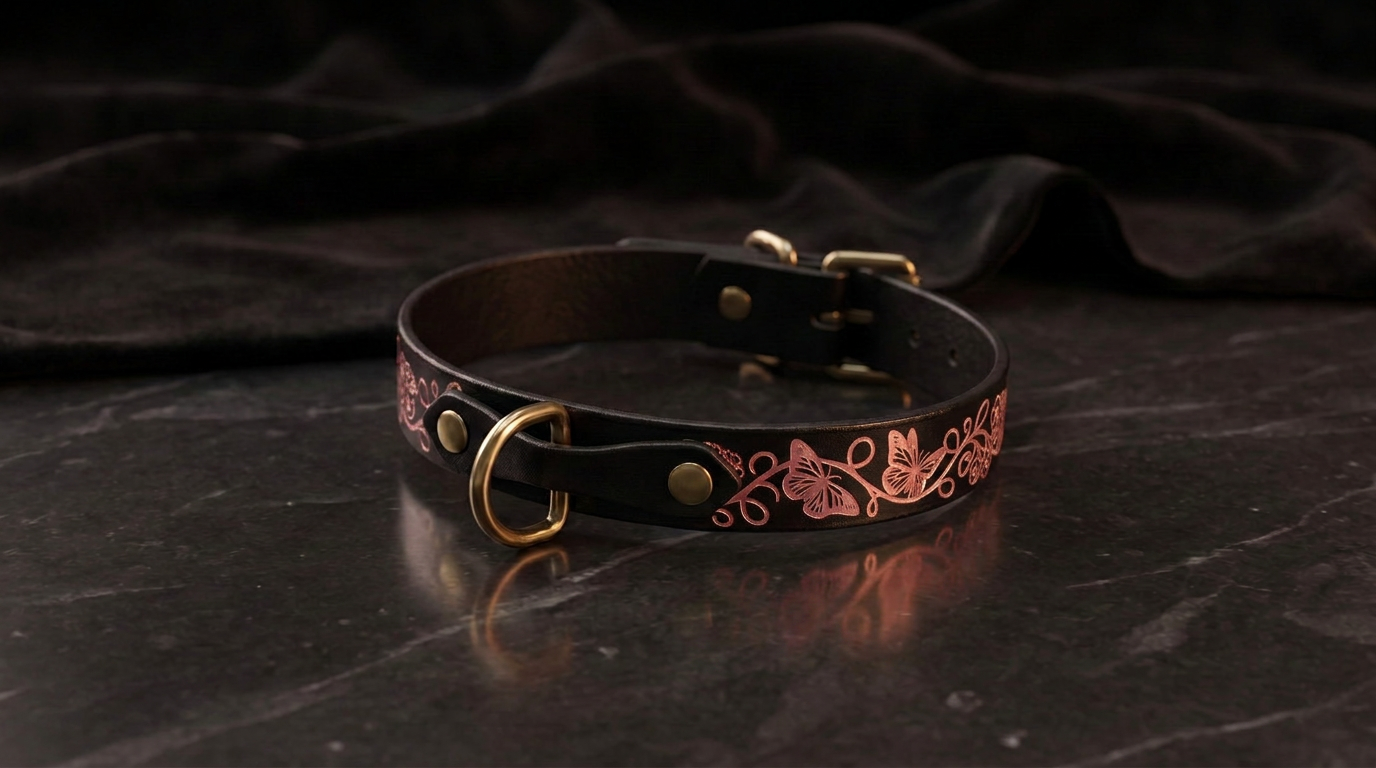 A black leather collar with a floral design and a gold-colored buckle is displayed on a dark surface.