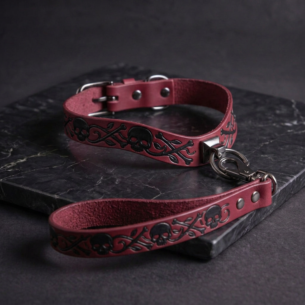 A burgundy leather dog collar with a skull and crossbones design, featuring a metal buckle and a leash attachment.