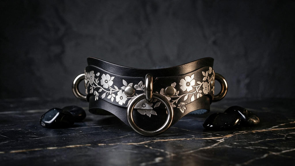 A black leather collar with silver floral designs and metal rings, placed on a dark surface with black stones or stones around it.