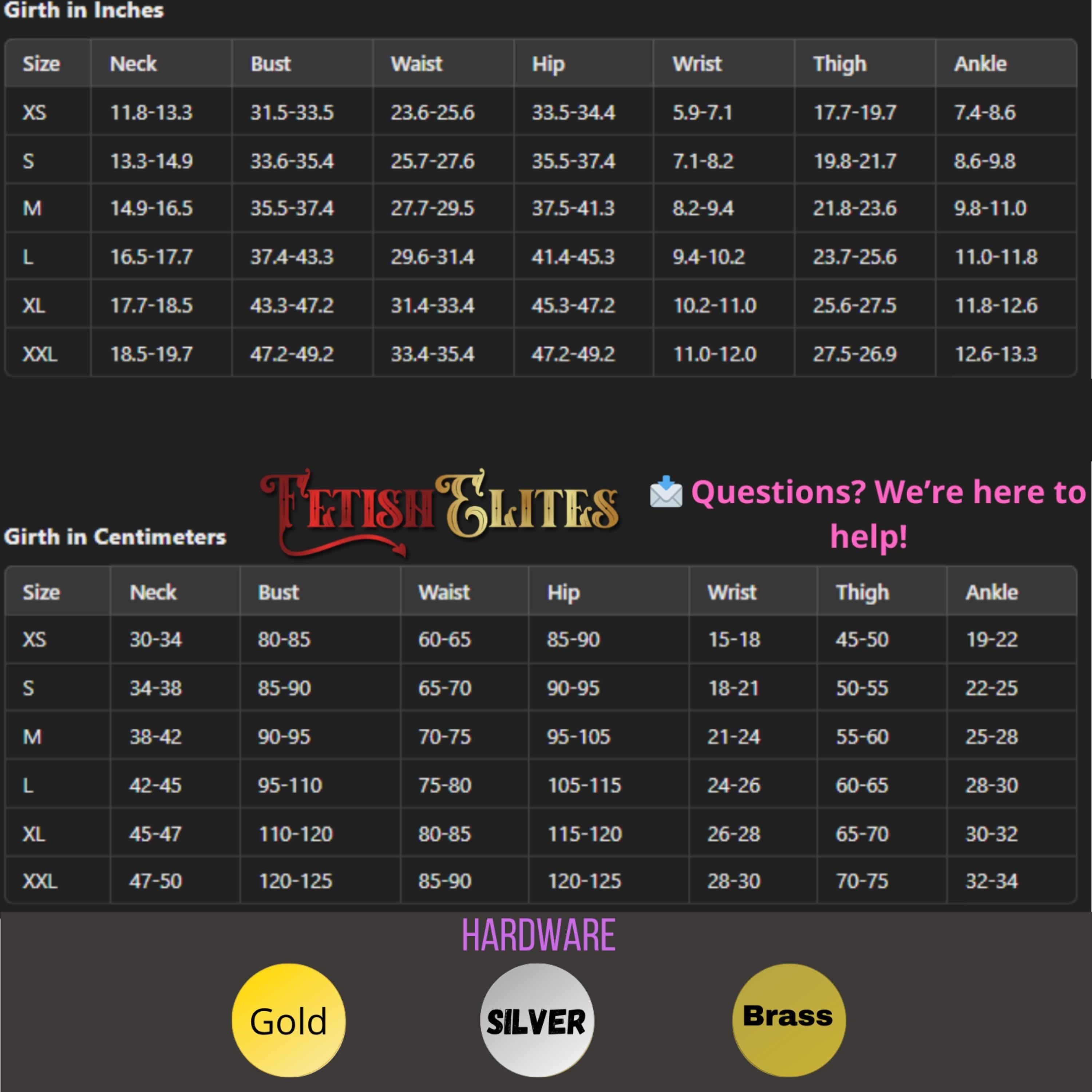 The image is a detailed size chart for a clothing brand, providing measurements for various sizes such as XS, S, M, L, and XL. The chart includes labels for the bust, waist, hip, wrist, thigh, and ankle measurements, as well as the corresponding girth in inches. The chart also includes a section titled "Girth in Centimeters" and a section titled "Hardware" with gold, silver, and brass colors.