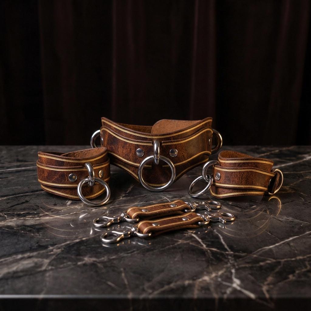 a collection of leather straps and buckles arranged on a marble surface.