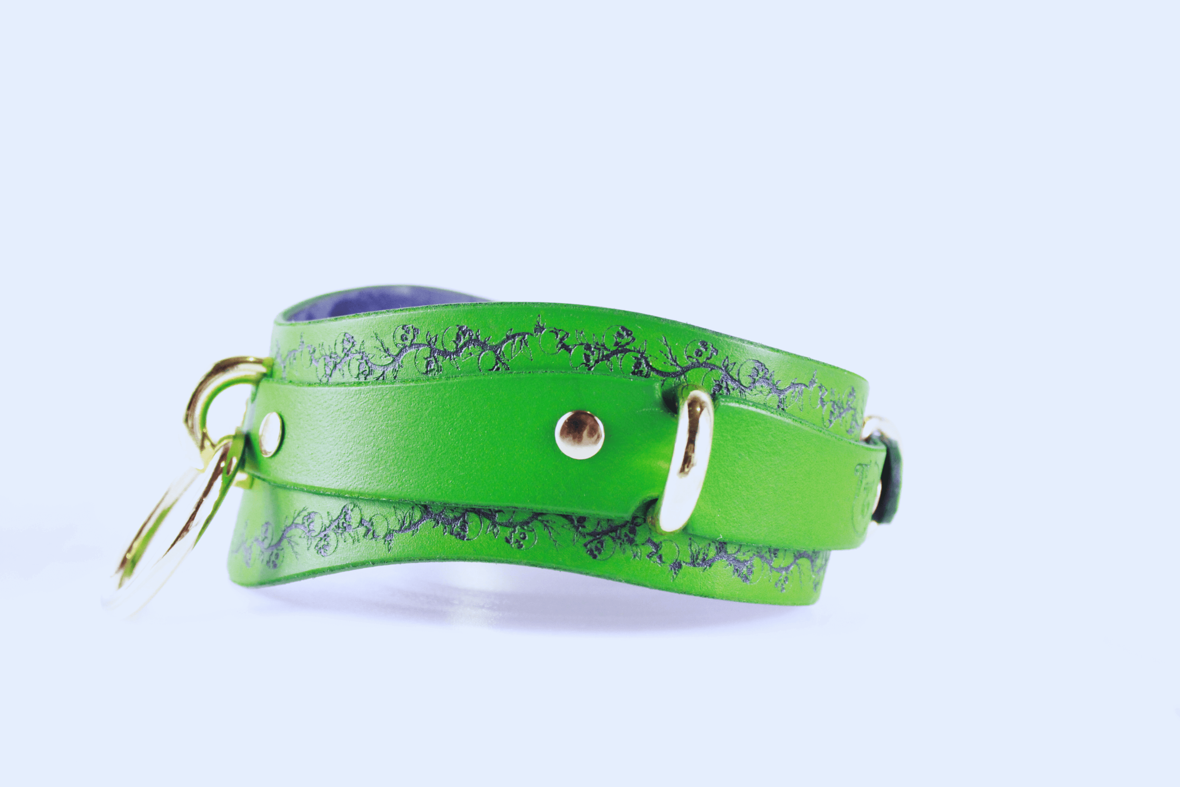 Skull Leather Choker with floral skull motif in vibrant green leather, showcasing a stylish and rebellious design.