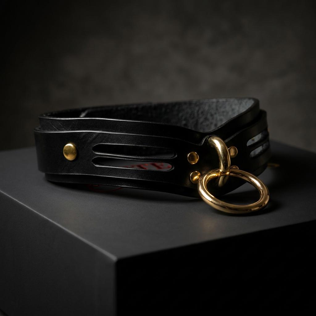 A black leather choker necklace with a gold ring and a black leather strap with a gold ring.