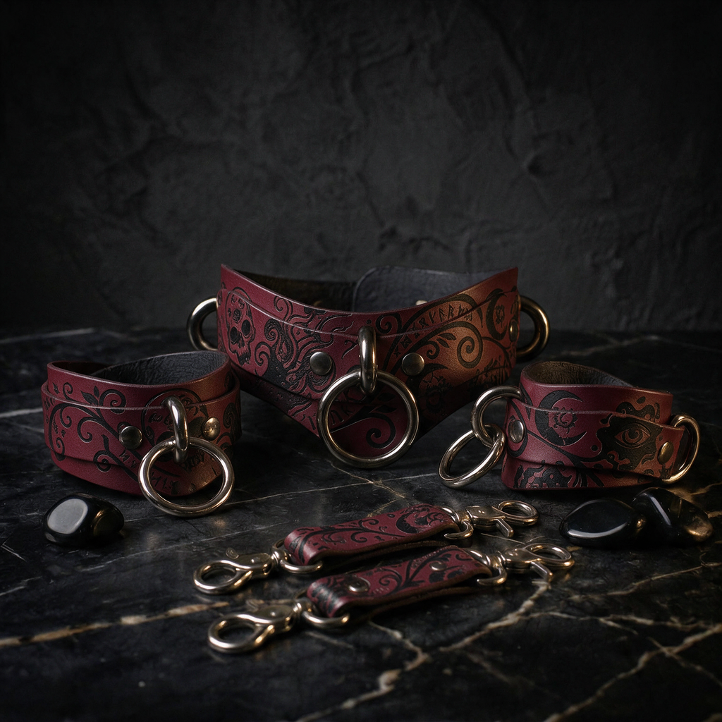 A collection of burgundy leather straps with metal rings and buckles, arranged on a dark surface.