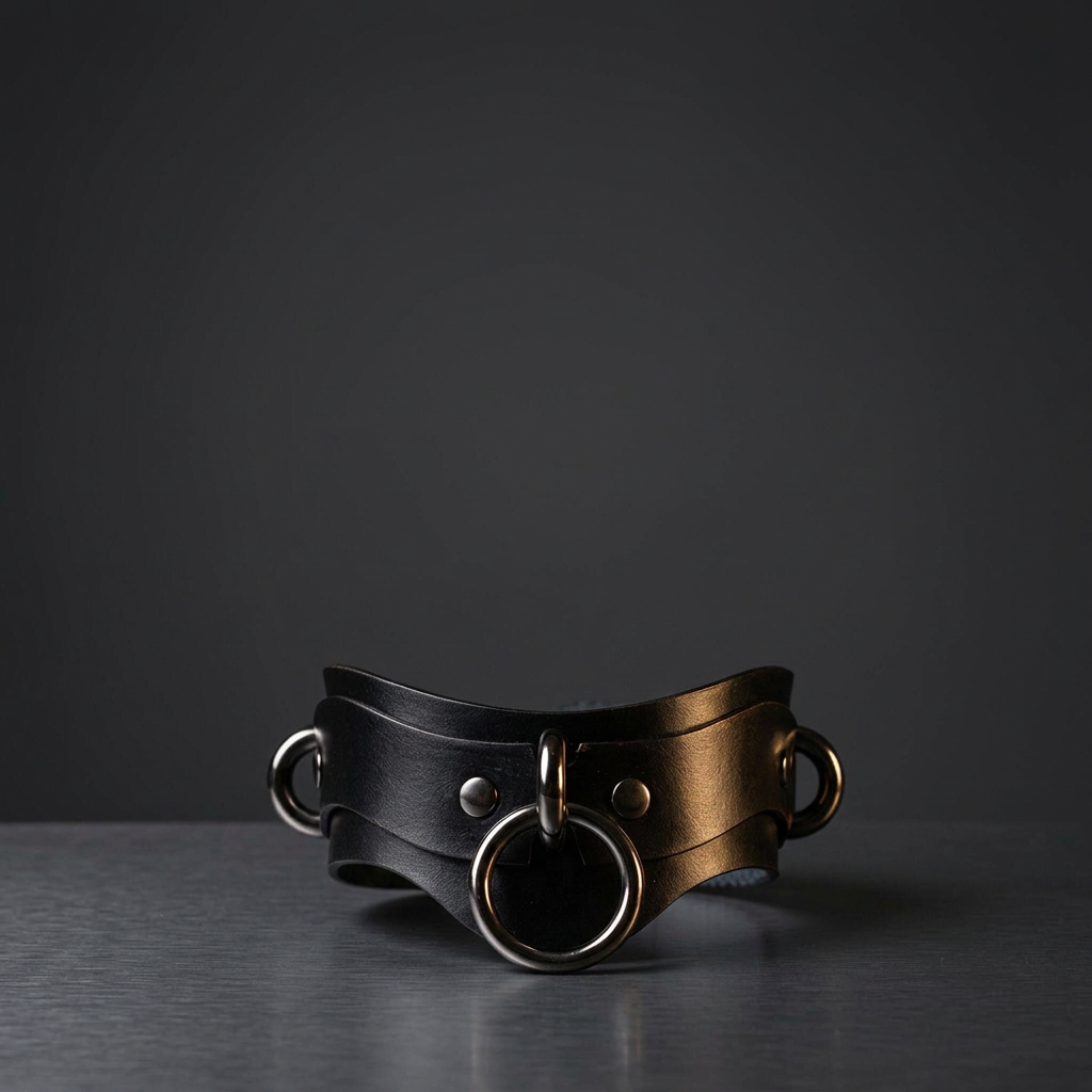A black leather collar with metal rings and a circular clasp is displayed against a dark background.