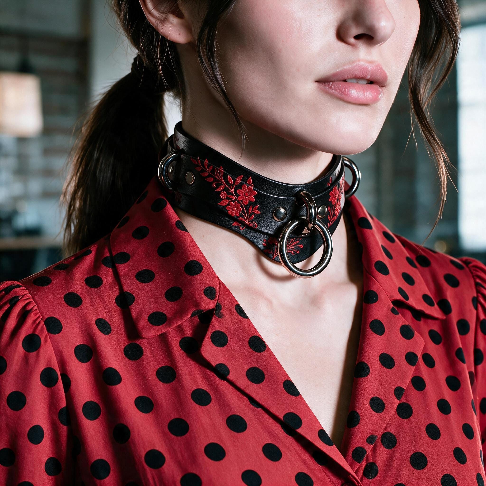 A close-up of a woman wearing a red and black polka dot blouse with a choker necklace featuring red floral embroidery.
